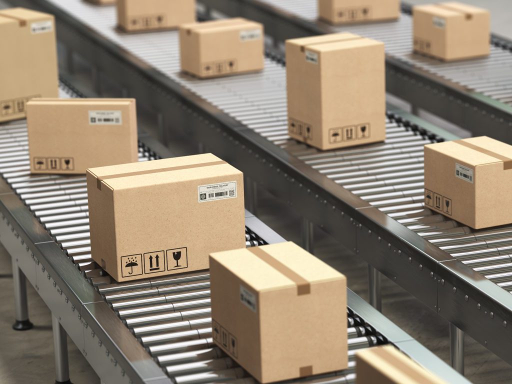 boxes on a warehouse distribution conveyor