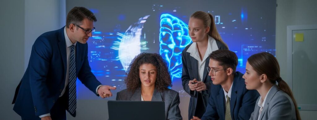Equipo directivo en reunión estratégica revisando planes de IA generativa y planificación predictiva.