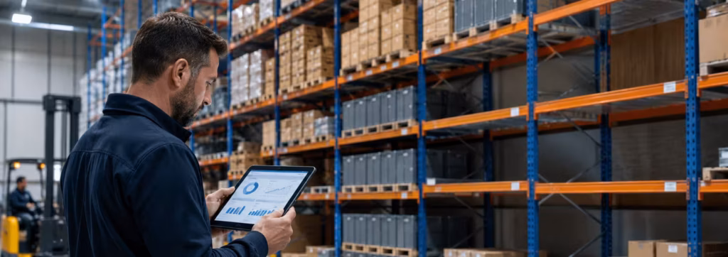 Operational stress testing in supply chain to analyze inventory coverage and stockout risk in a warehouse.