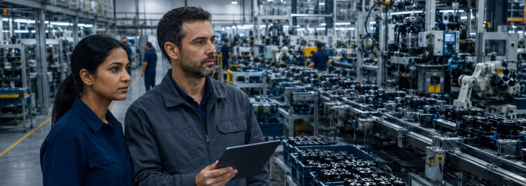 Operational stress testing in supply chain showing bottlenecks and production capacity saturation in an industrial plant.