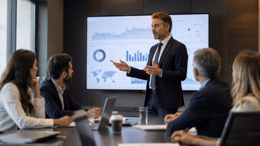 Présentation sur la stratégie d’attribution des fournisseurs lors d’une réunion corporate.