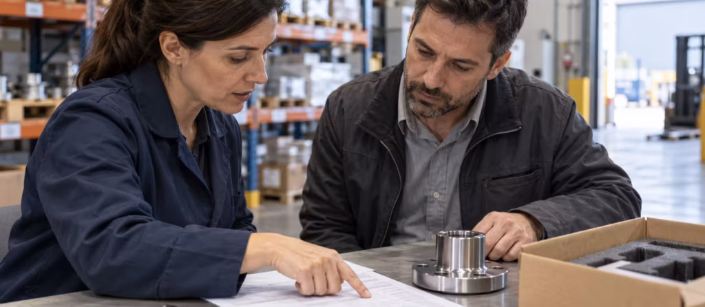 Procurement manager reviewing paperwork with a sales representative.