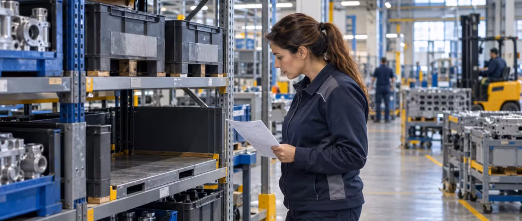 A planner reviews a worksheet beside an empty space reserved for components in a factory.